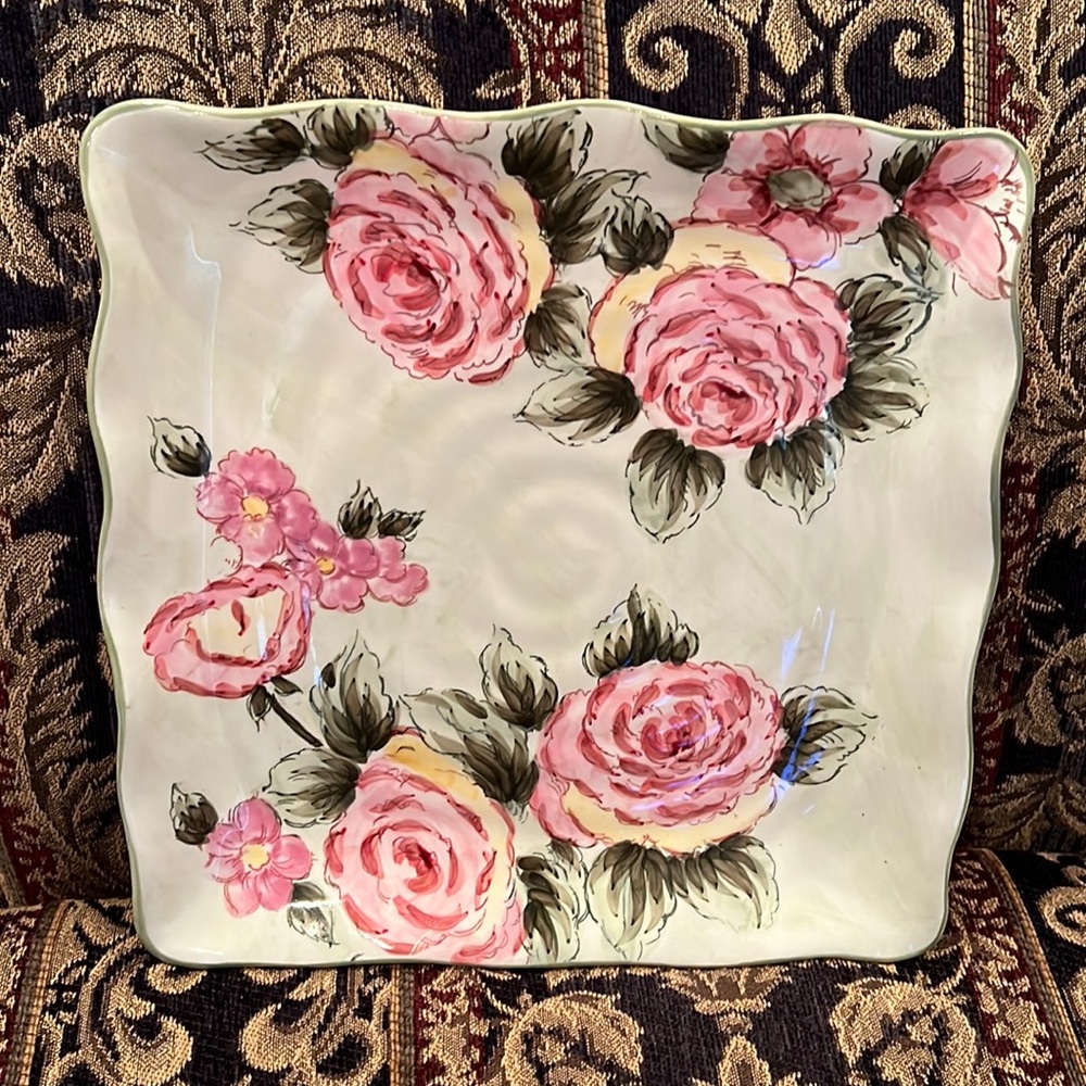 VINTAGE Hand-painted Large Ceramic Rose Tray